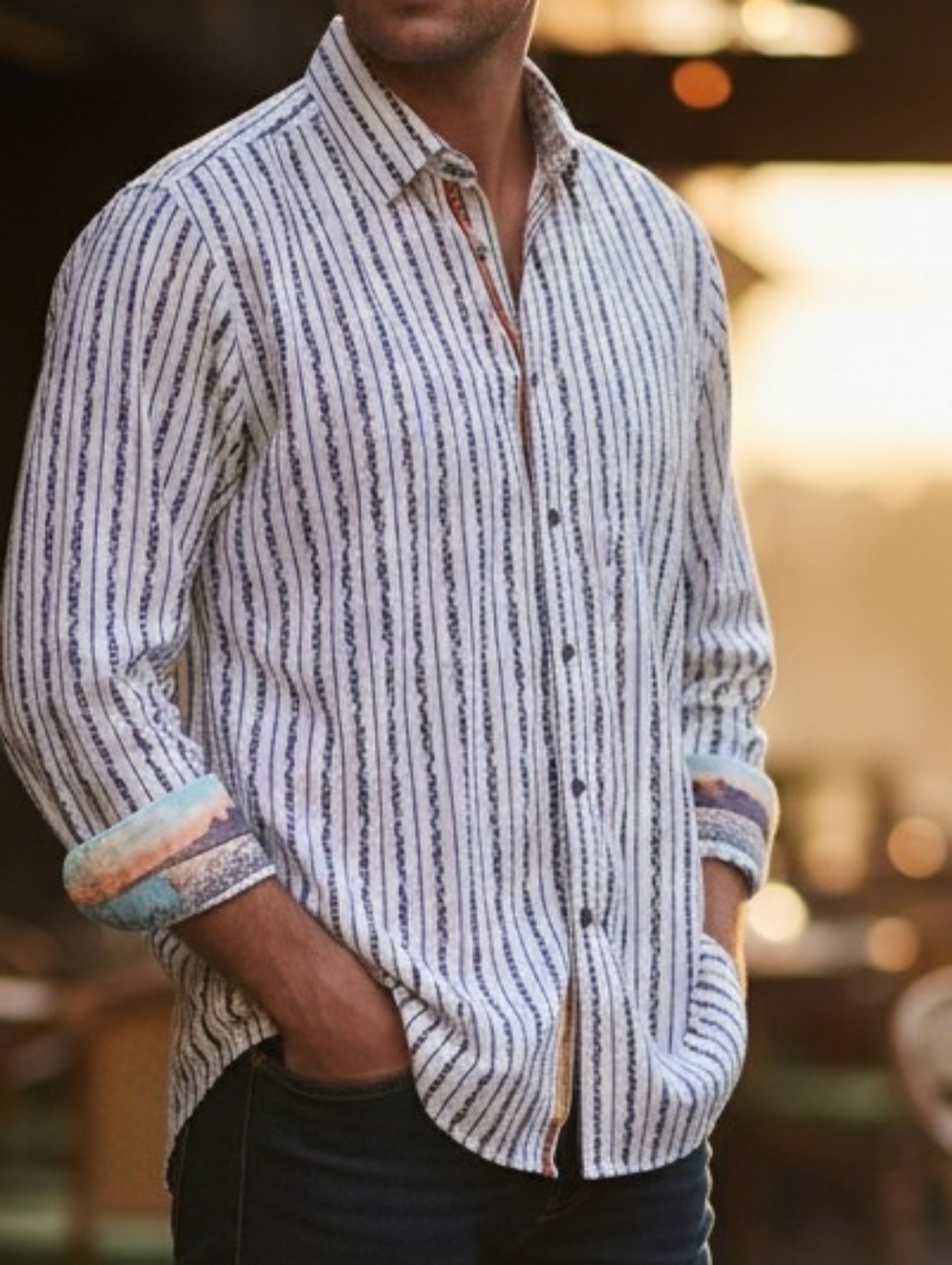 Robert Graham Striped Button Up Shirt XL White Black Flip Cuff Silk Trim